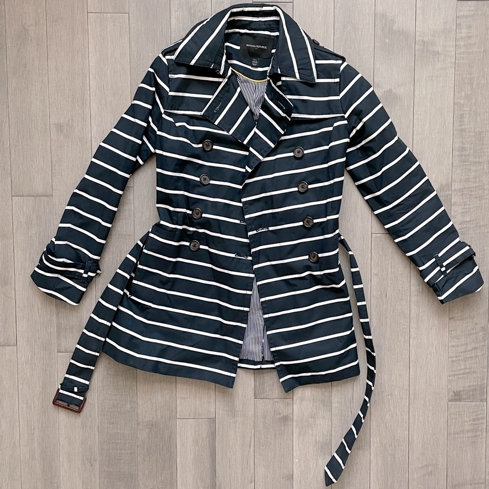 Banana Republic XXS navy and white striped trench coat